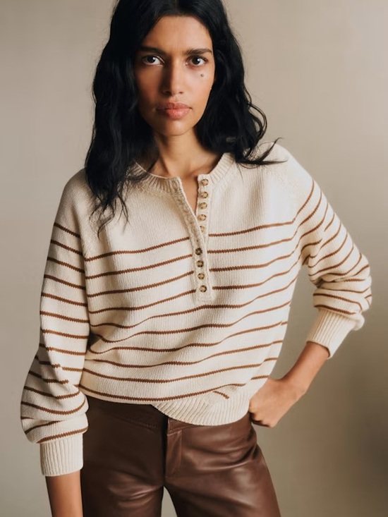 Sezane Sweaters - Sezane LÉONTINE Ecru Cropped Sweater with Camel Stripes and Henley Buttons